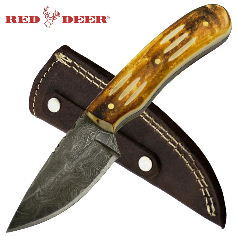 Red Deer Damascus Brown Bone Hunting Knife